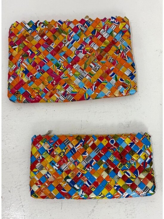 Handmade Handbags - Handwoven Colorful Recycled Candy Wrapper Zipper Pouches Set Of 2 9x4.5" 10.5x7"